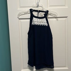 Navy and white lace high neck tank top